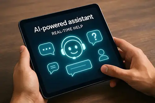 AI-powered virtual assistant providing real-time customer support through chat and help icons on a digital tablet