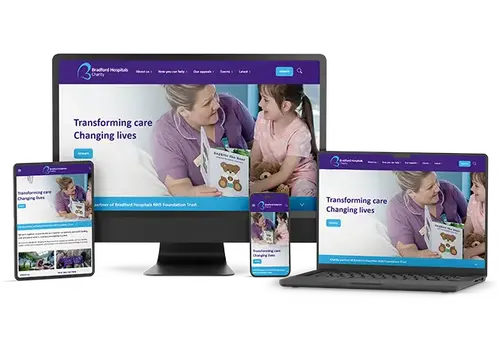 Charity website shown across multiple devices, showcasing responsive healthcare web design with user-friendly navigation and mobile optimisation.