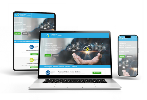 Responsive website design for Cloud B2B Solutions displayed across tablet, laptop, and smartphone screens. The layout promotes cloud-based business software systems, showcasing a consistent, mobile-friendly interface optimised for usability and performanc