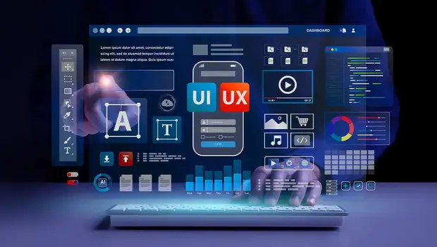 Hands typing on a keyboard with a holographic UI and UX design dashboard showing AI icons, a mobile layout, charts and web components on a dark background.