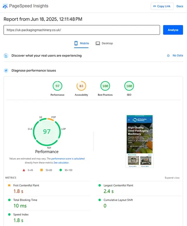 Google PageSpeed Insights report for uk-packagingmachinery.co.uk showing a performance score of 97, with strong metrics for speed index, total blocking time, and Core Web Vitals highlighting the benefits of responsive web design for SEO, load speed, and u