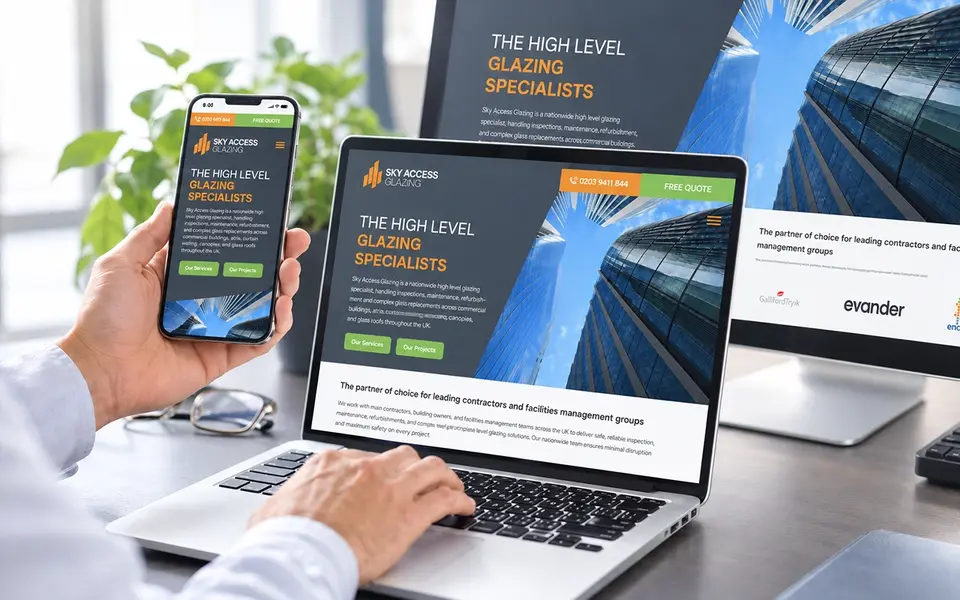 Responsive website design displayed across laptop and mobile screens for a high-level glazing company.