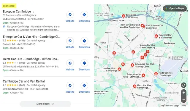 Google search results screenshot showing the local map pack listings for car rental agencies in Cambridge.