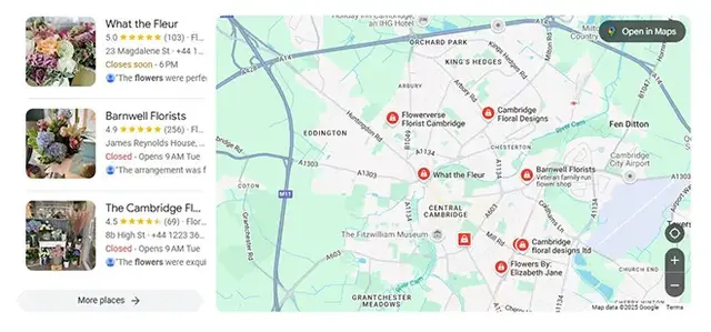 Screenshot of a Google Maps local pack for florists, showing map pins for nearby flower shops including What the Fleur, Barnwell Florists, and The Cambridge Florist, alongside business listings with ratings, photos, and contact details.