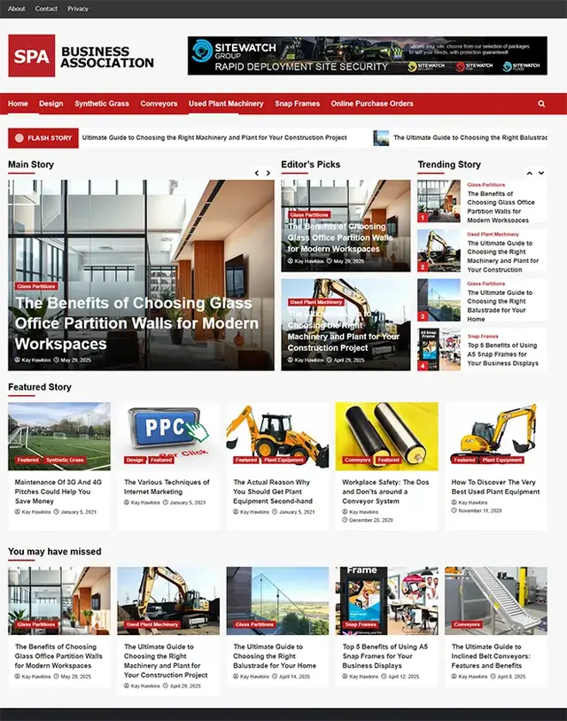 Homepage screenshot of a business association content hub styled like a digital magazine, featuring industry articles on topics such as glass office partitions, used plant machinery, PPC marketing, and snap frames