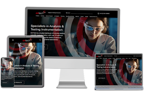 Responsive website design for CN Tech, displayed on desktop, tablet, laptop, and smartphone devices. The site features a modern, professional interface showcasing analysis and testing instrumentation, optimised for researchers, scientists, and laboratory