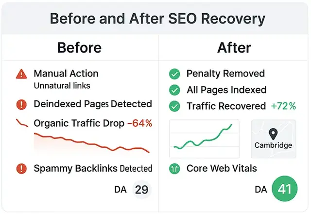 Before and after SEO recovery comparison chart showing improvements from penalty removal, page indexing, and traffic increase, with domain authority rising from 29 to 41 and Cambridge location highlighted.