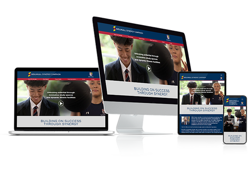 Responsive website design for the Solihull Synergy Campaign, shown across desktop, laptop, tablet, and smartphone devices. The site features engaging video content, educational messaging, and a vibrant layout, optimised for user experience and accessibili
