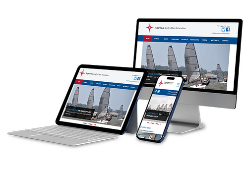 Responsive website design for the Supernova Dinghy Class Association, displayed across desktop, tablet, laptop, and smartphone screens. The site features sailing imagery and a structured navigation layout, optimised for user access to class information, e