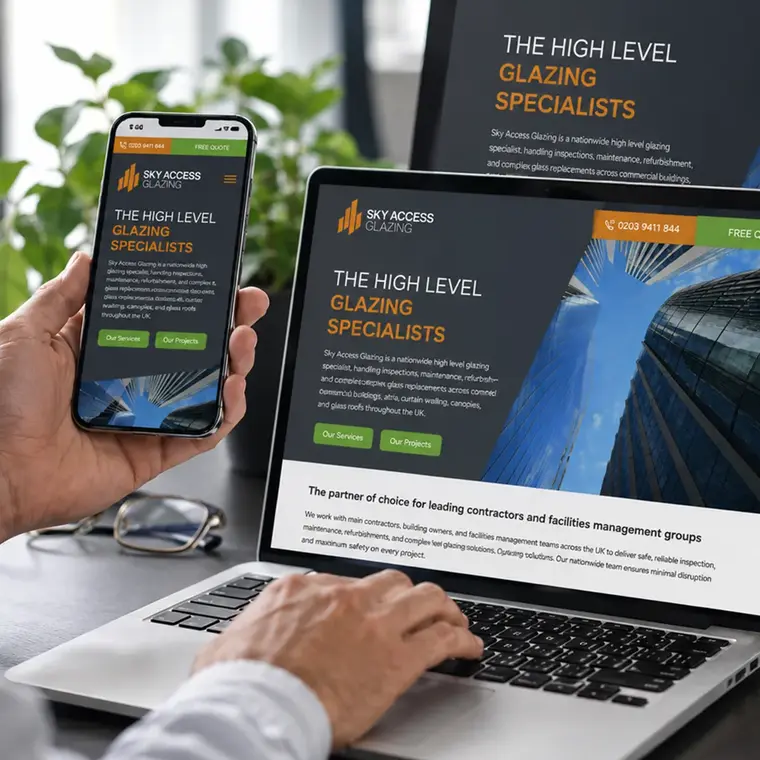 Responsive website design displayed across laptop and mobile screens for a high-level glazing company.