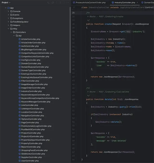 Screenshot of a Laravel project structure in a code editor, showing PHP controllers and code for creating and deleting industry records via API routes