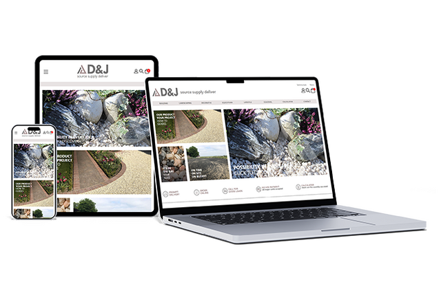 Responsive website design for D&J Supplies, shown across smartphone, tablet, and laptop screens. The site highlights landscape and garden supply products with a clean, image-driven layout optimised for mobile-friendly browsing and e-commerce functionality