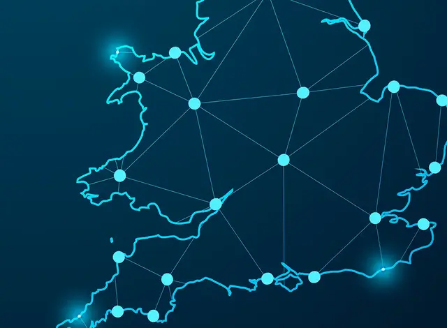 Stylised digital map of England and Wales with glowing nodes and connecting lines, Used as a background to highlight the locations of Doublespark Internet Marketin's three offices in Cambridgeshire.