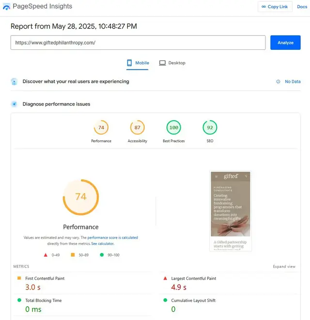 Google PageSpeed Insights mobile report showing performance score of 74, accessibility 87, best practices 100, SEO 92, with metrics including 3.0s First Contentful Paint and 4.9s Largest Contentful Paint