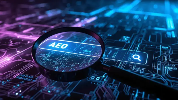 Doublespark branding on a desktop screen showing AI Optimisation for Answer Engines, with connected devices in a modern office scene.