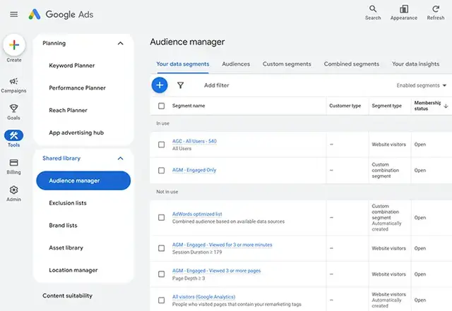 Screenshot of the Audience Manager interface in Google Ads showing user-created remarketing segments, including website visitor lists and engagement-based segments like session duration and page depth, used for targeted display advertising.