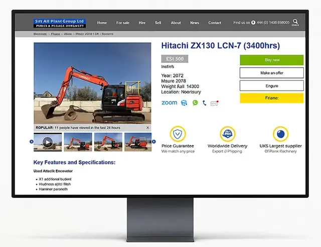 Desktop monitor displaying the product page for a Hitachi ZX130 LCN-7 excavator on the SJH-All Plant Group Ltd website, featuring price, specifications, multiple contact options, and purchase buttons, presented on a clean white background.