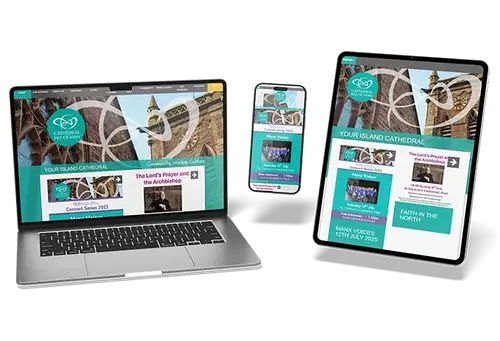 Responsive church website design for a cathedral, optimised for laptop, tablet, and smartphone with accessible layout and modern visual styling.