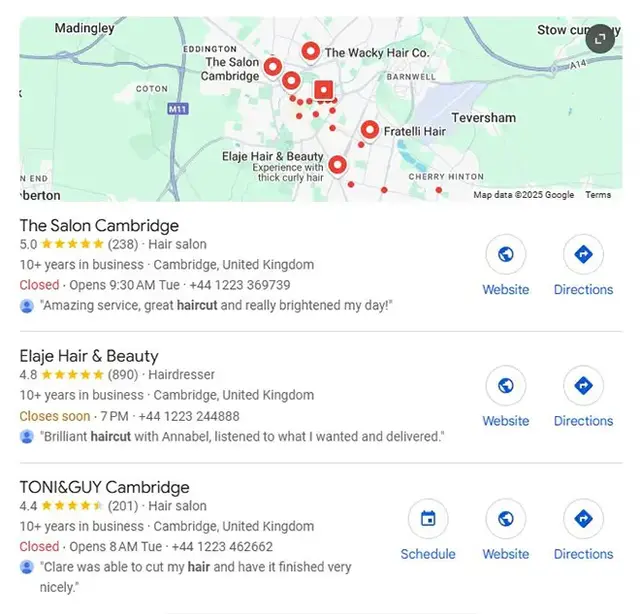 Google Maps local listing screenshot featuring hair salons, including The Salon, Elaje Hair & Beauty, and TONI&GUY Cambridge, with star ratings, customer reviews, business hours, contact numbers, and map markers indicating each salo