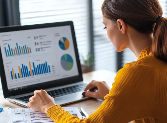 Marketing analyst reviewing PPC performance charts and graphs on a laptop in a modern office.