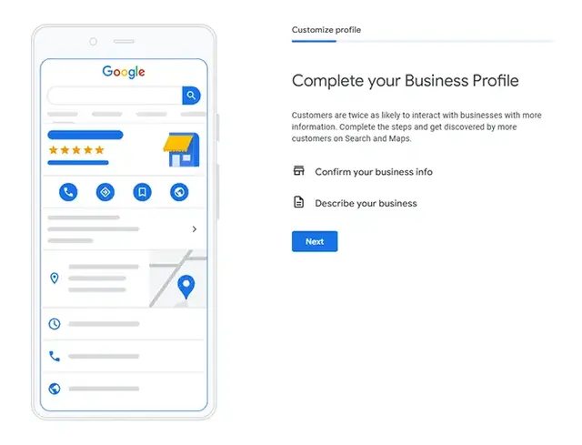 Illustration of a Google Business Profile setup screen showing a mobile interface with business listing elements like reviews, contact options, and map location, alongside prompts to confirm business info and describe the business.