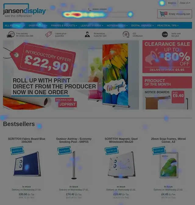 Hotjar heatmap overlay of an ecommerce homepage showing user attention concentrated on the top navigation bar, search box, and promotional banner.