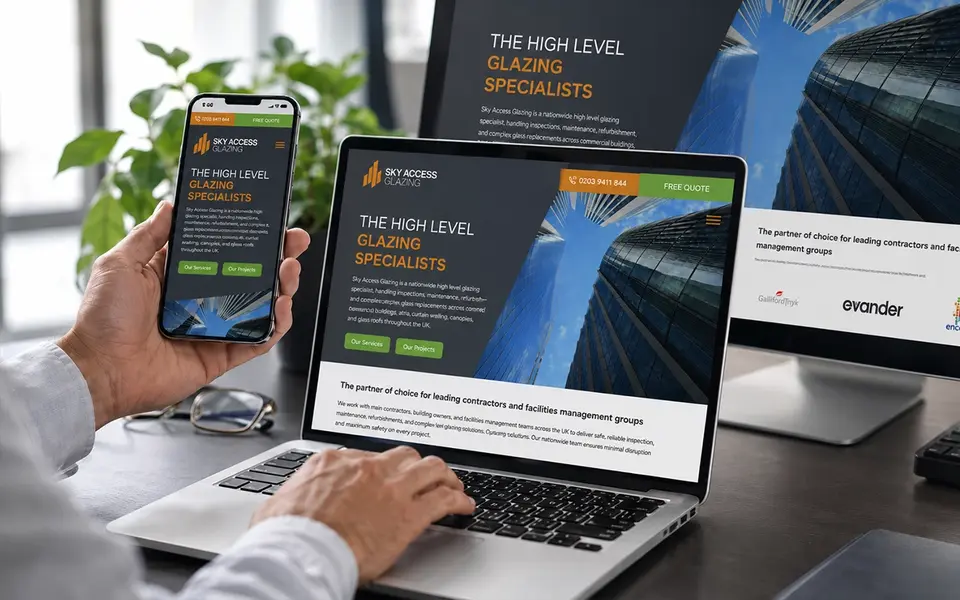 Responsive website design displayed across laptop and mobile screens for a high-level glazing company.