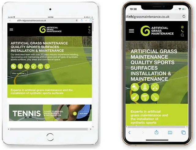 Responsive website design example of artificialgrassmaintenance.co.uk shown on a tablet and smartphone, highlighting mobile-friendly layout, scalable navigation, and visually optimised hero messaging for artificial grass maintenance services.