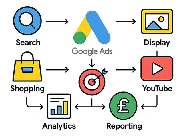 Infographic titled 'Google Ads Management' displaying six campaign types with icons and labels, arranged around the Google Ads logo, including a reporting icon with a pound sign, all set against a clean white background.