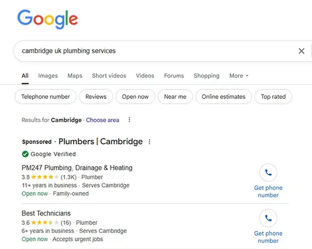 Screenshot showing sponsored Google Ads listings for plumbing services in Cambridge, demonstrating paid search visibility and local PPC campaign effectiveness on Google Search.