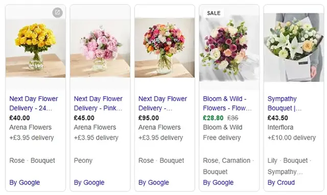 Screenshot of Google Shopping results for online flower delivery, displaying various floral bouquets from retailers like Arena Flowers, Bloom & Wild, and Interflora. Listings include prices, delivery options, and product types such as rose, peony, lily, a