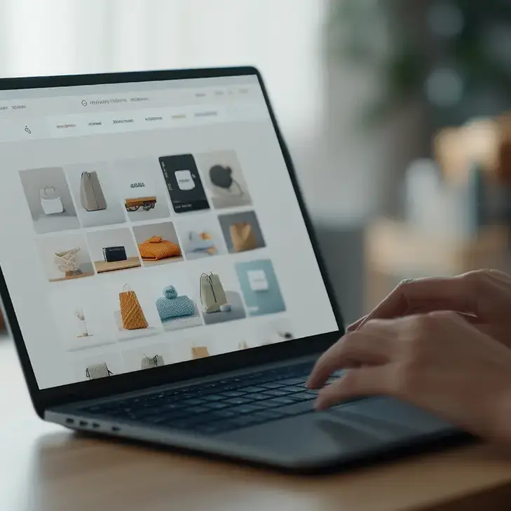 Person browsing an online shop on a laptop, displaying a grid of product images including bags, home decor, and accessories.