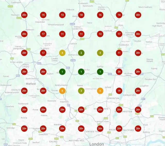 Local Falcon rank tracker heatmap showing local search ranking across Cambridgeshire and surrounding areas using a colour-coded grid, with red indicating low rankings (20+) and green indicating top positions.