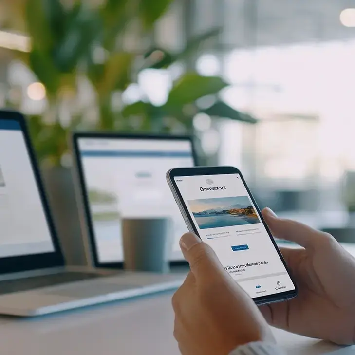 Person browsing a responsive website on a smartphone, with laptops displaying the same site in the background in a modern office setting.