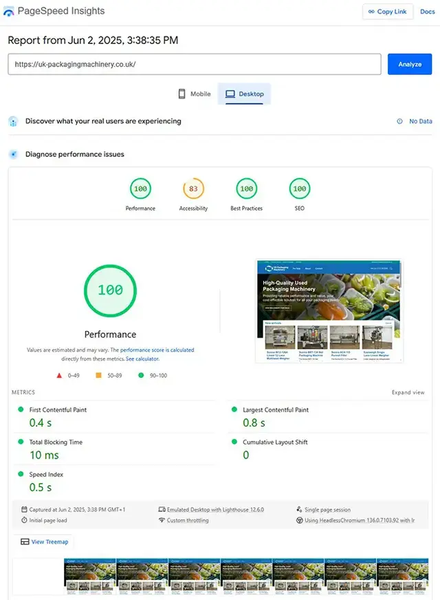 Google PageSpeed Insights desktop performance report for a packaging machinery ecommerce site, showing a perfect 100 performance score along with high SEO and best practices ratings. Highlights fast load times, zero layout shift, and optimised core web vi