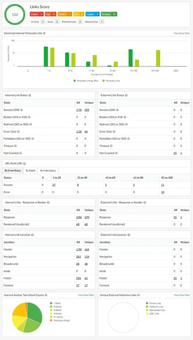 Screenshot of an SEO link audit report showing a perfect link score of 100. Includes charts and tables detailing internal and external link status, link depth distribution, link location (header, navigation, footer), response vs rendered links, and anchor