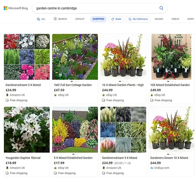 Screenshot of Bing Shopping search results for "garden centre in Cambridge," displaying a variety of mixed garden plant bundles and flower collections from retailers like Amazon UK, eBay UK, and OnBuy. Each listing shows plant images, product titles, pric