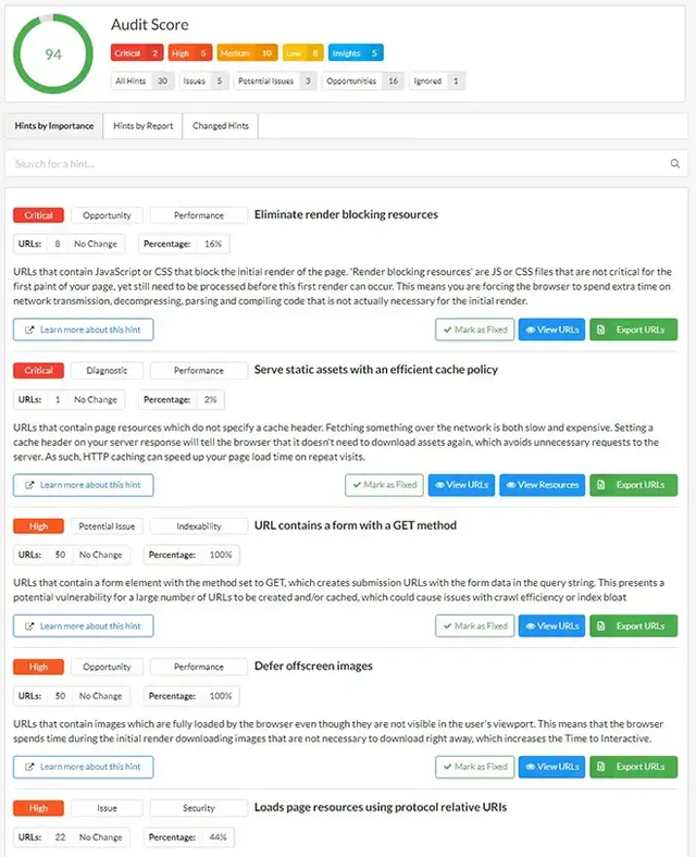 SEO audit report showing a score of 94 with breakdowns of issues by severity 2 critical, 2 high, 5 medium, 10 low, and 5 insights. The report highlights performance and indexability issues such as render-blocking resources, inefficient caching, forms usin