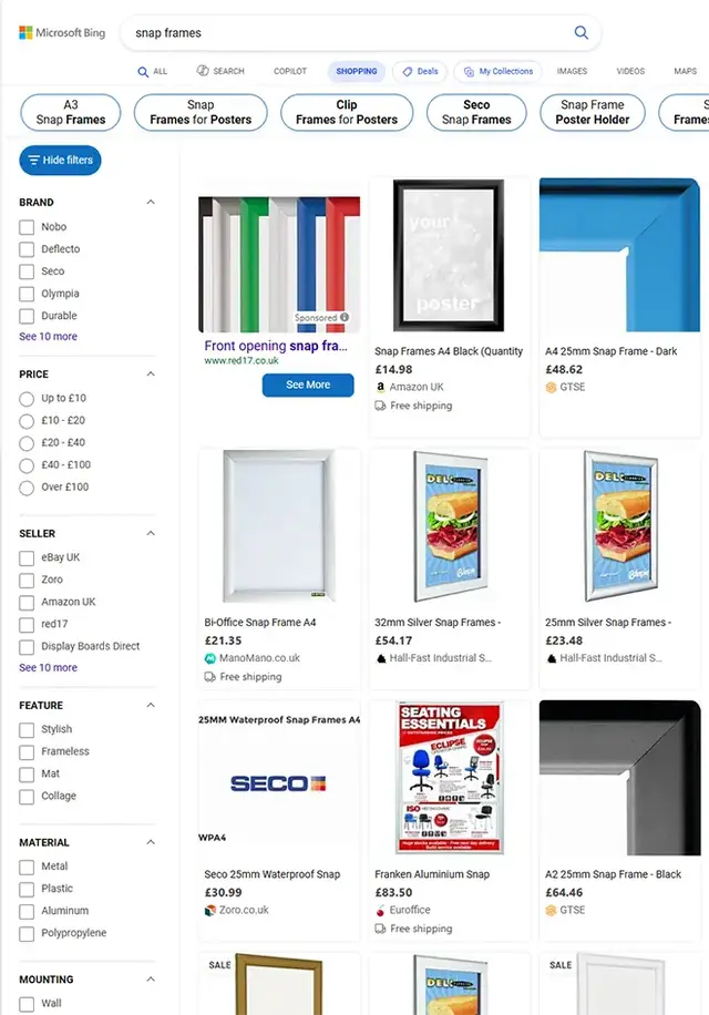 A Bing Shopping results page for "snap frames" showing various products, prices, and seller information. The left sidebar includes filter options for brand, price range, seller, feature, material, and mounting type. Several sponsored listings and organic