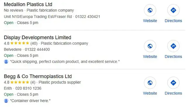 Google local map listings showing Display Developments Limited alongside two other plastic fabrication businesses—Medallion Plastics Ltd and Begg & Co Thermoplastics Ltd—with Display Developments highlighted by a 4.8-star rating from 40 reviews and a cust