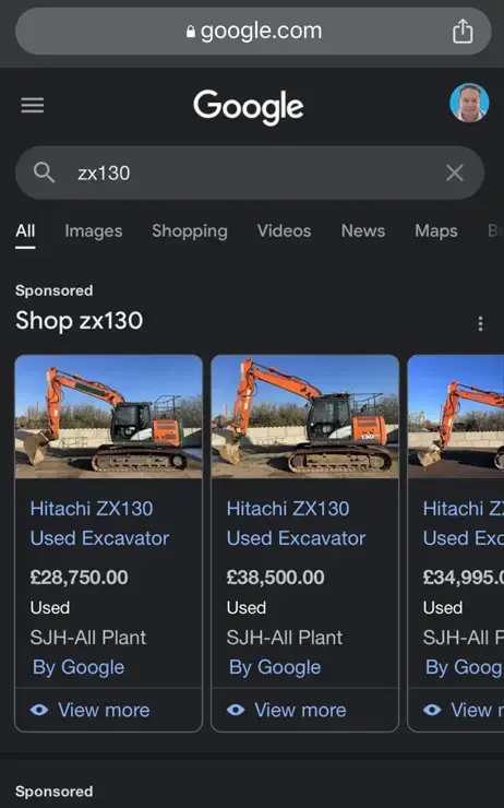 Google Shopping Ads results for "ZX130" showing sponsored product listings for Hitachi used excavators, highlighting how PPC product ads appear in search for high-intent commercial queries.