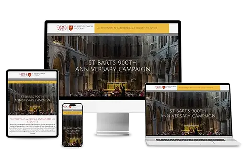 Responsive campaign website for a church anniversary, designed with full-width imagery and consistent branding across all screen sizes and devices.
