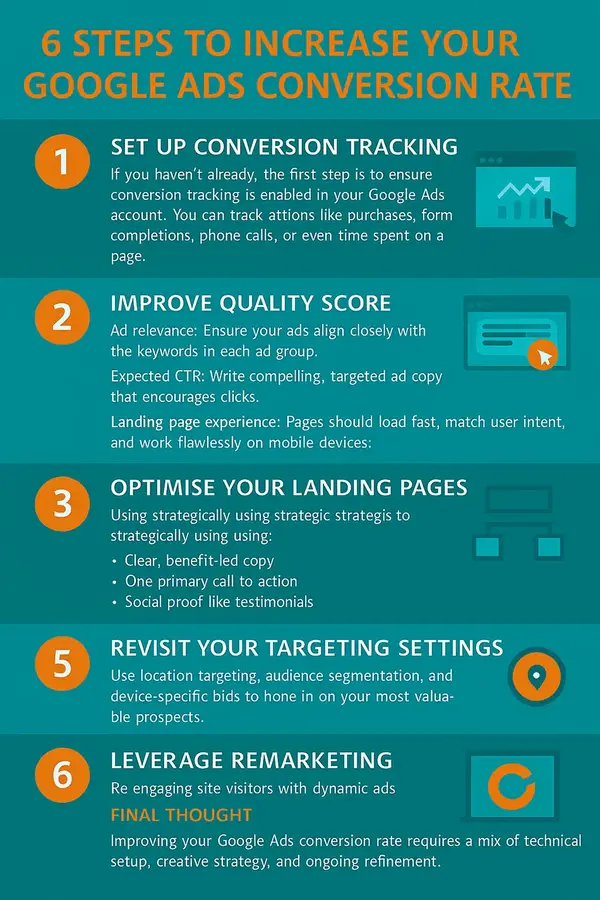 Infographic outlining six strategies to improve AdWords conversion rate, including landing page optimisation, ad extensions, targeting, and remarketing.