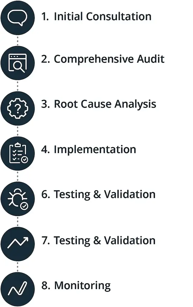 Infographic showing our SEO penalty recovery and troubleshooting process, from initial consultation and comprehensive audit to testing, validation and monitoring.