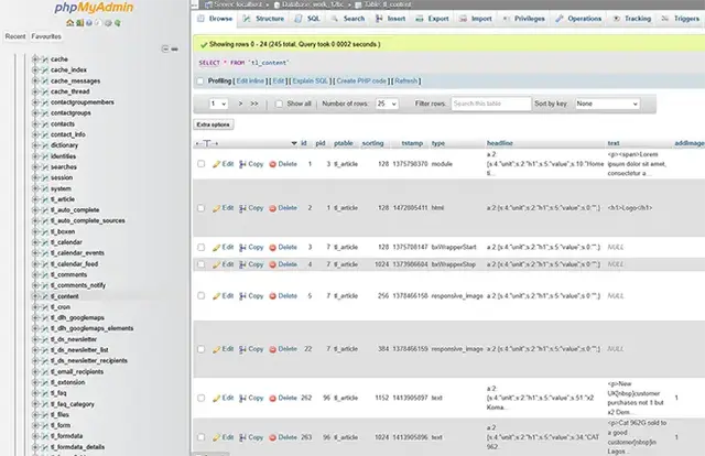 Screenshot of the phpMyAdmin interface displaying the tl_content table of a MySQL database. The view shows rows of content records, including module types, headlines, and HTML data, alongside editing options -illustrating backend content management within