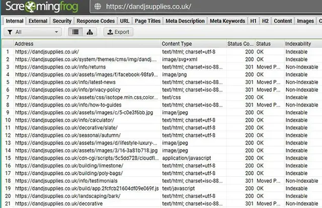 Screaming Frog crawl report for dandjsupplies.co.uk showing URL addresses, content types, HTTP status codes, indexability, and page titles. The report highlights several redirected and non-indexable pages alongside indexable assets such as product pages a