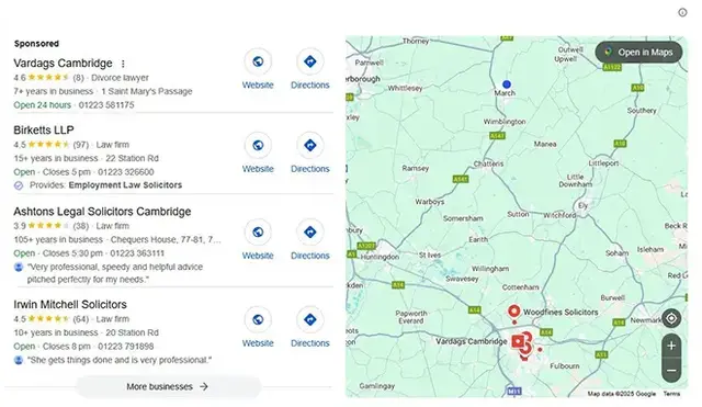 Google map and local business listings showing law firms including Vardags, Birketts LLP, Ashtons Legal, and Irwin Mitchell, with map pins and contact information.