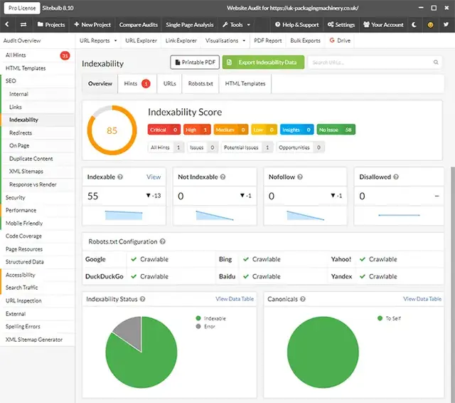 Screenshot of Sitebulb's indexability report showing crawlability insights, including indexability score, robots.txt status across major search engines, and canonical URL data—used for diagnosing SEO crawl issues.