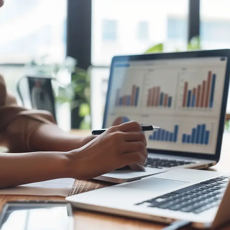 Business professional analysing bar charts and performance graphs on a laptop, using a pen to point at the screen during a data review.