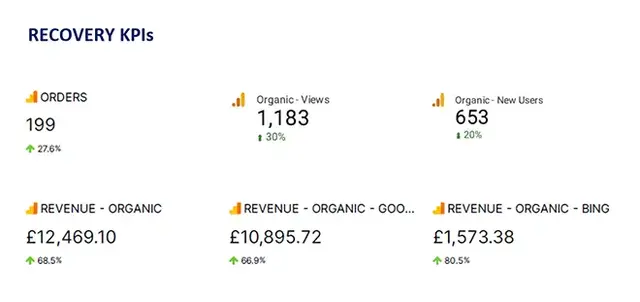 Infographic displaying SEO recovery KPIs after successful penalty recovery and troubleshooting, including improvements in organic traffic, new user acquisition, order volume, and organic revenue across Google and Bing highlighting effective use of SEO aud